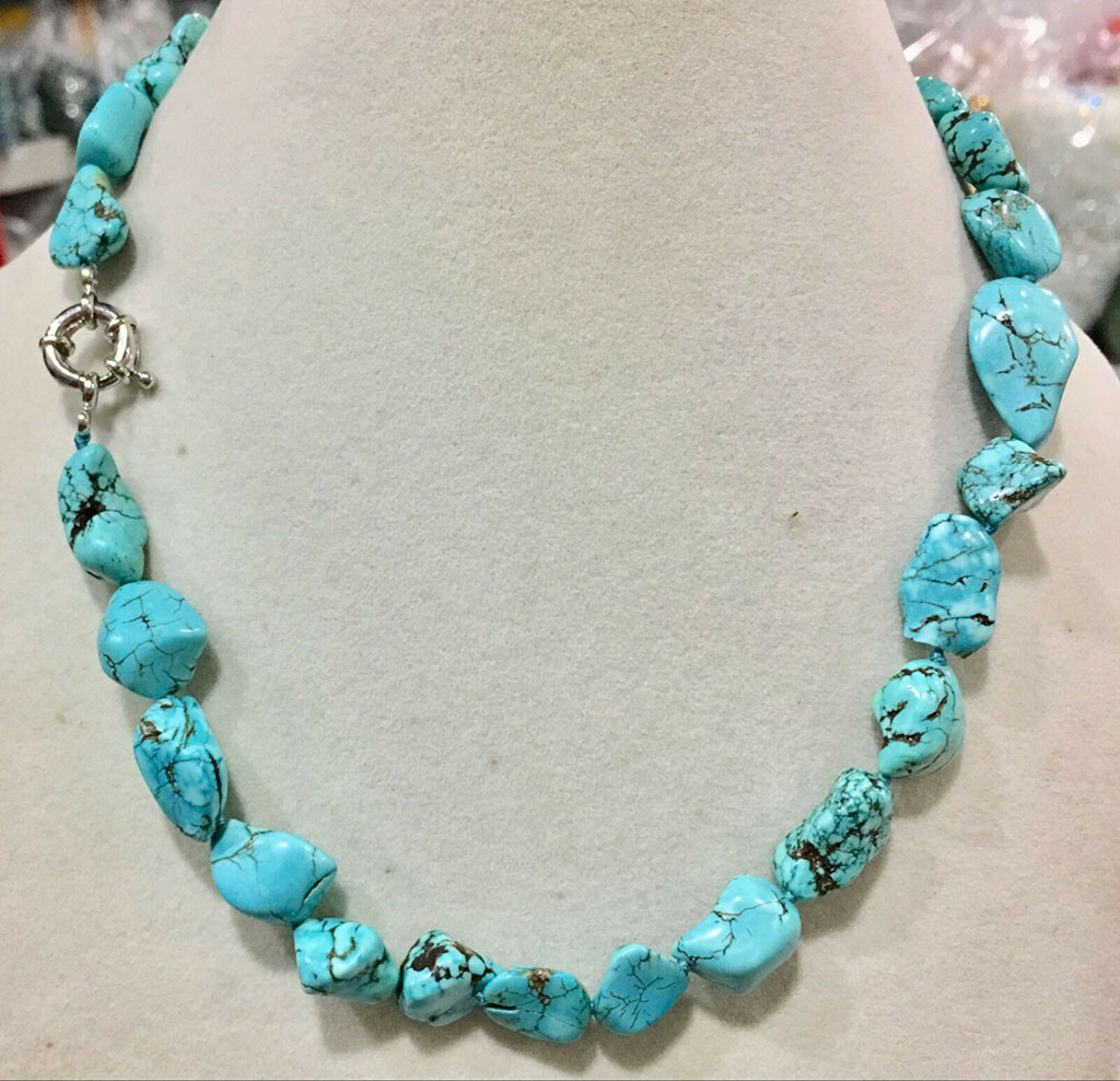 Pretty Genuine Natural 10-14mm Blue Turquoise Gems Irregular Beads Necklace 18″