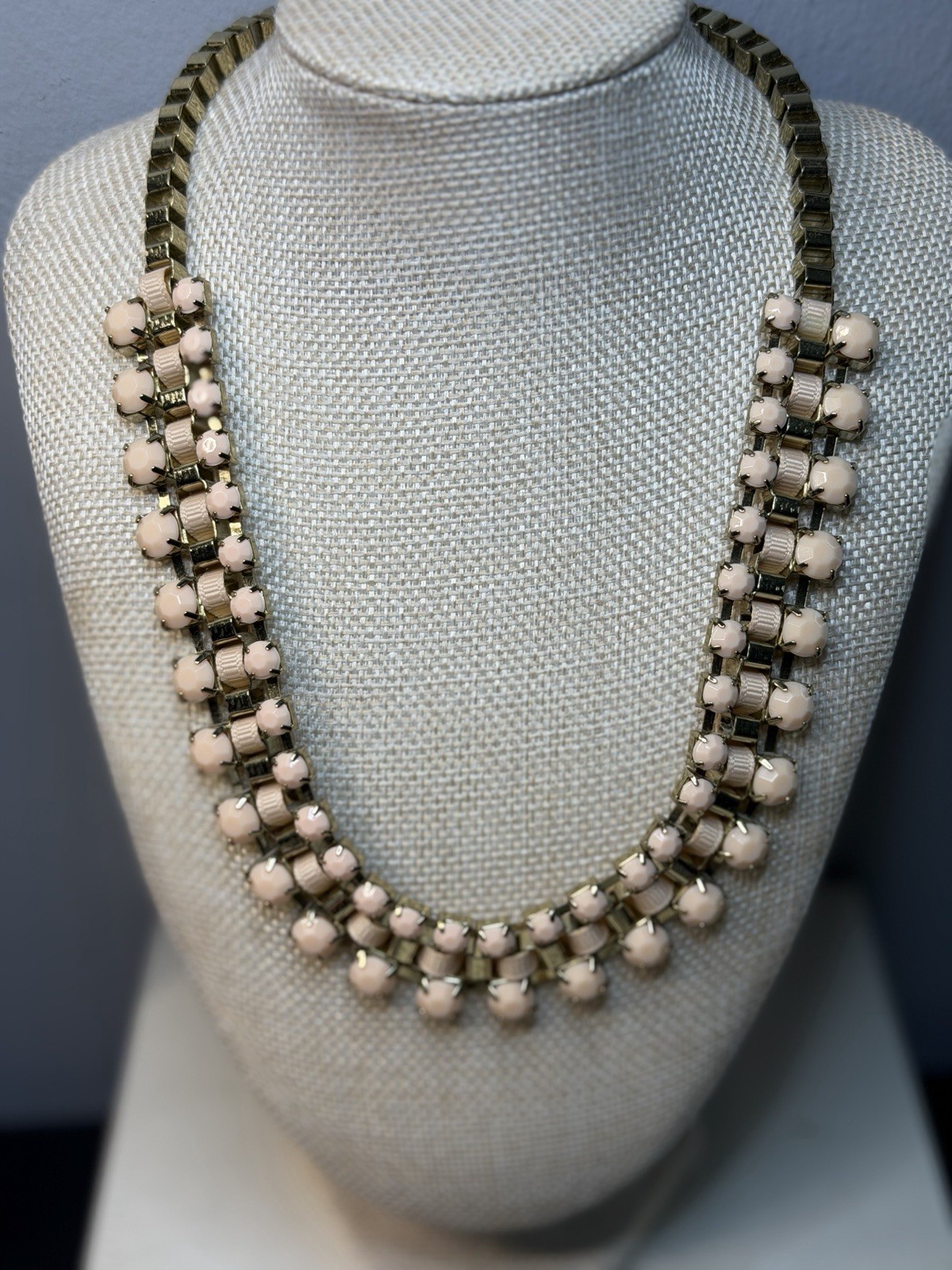 Pink Gold Tone Round Plastic Beaded Bib Statement Necklace Multi-Strand Adjust