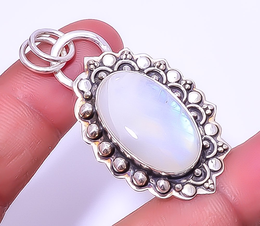 Rainbow Moonstone Gemstone 925 Sterling Silver Designer Pendant 1.95″ A393