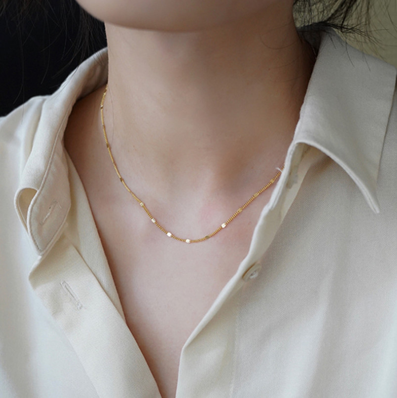 Women 18K Gold Plated Stainless Steel Flat Chain Choker Necklace 16-18″ PE11