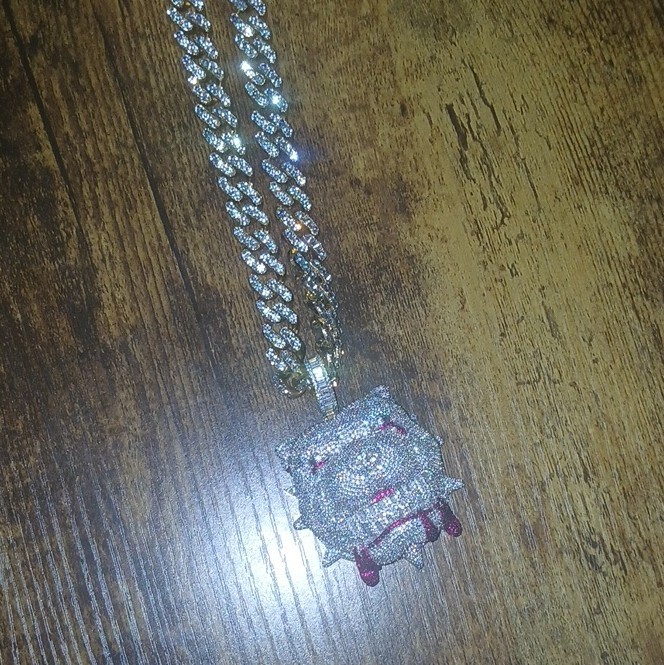Silver Tone Cuban Link Chain Necklace w/ White Rhinestone Pavé Charm Pendant