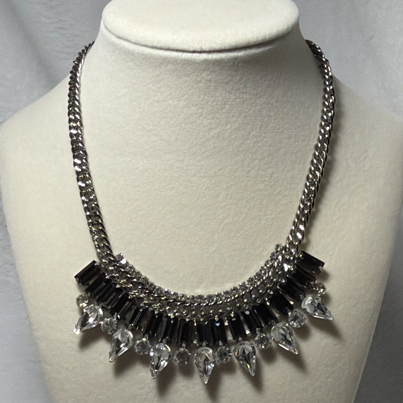Silver Tone Curb Link Chain Statement Necklace Black & Clear Teardrop Crystals