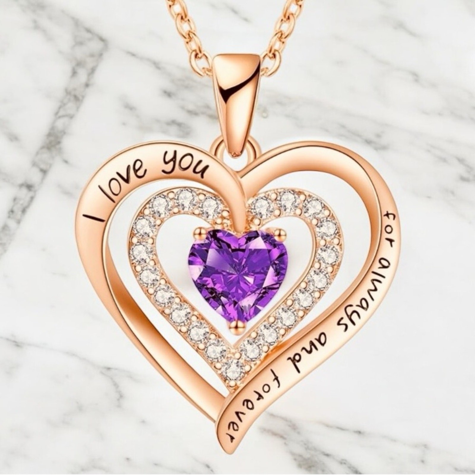 Rose Gold Plated Sterling Silver Double Heart Feb. Birthstone Necklace