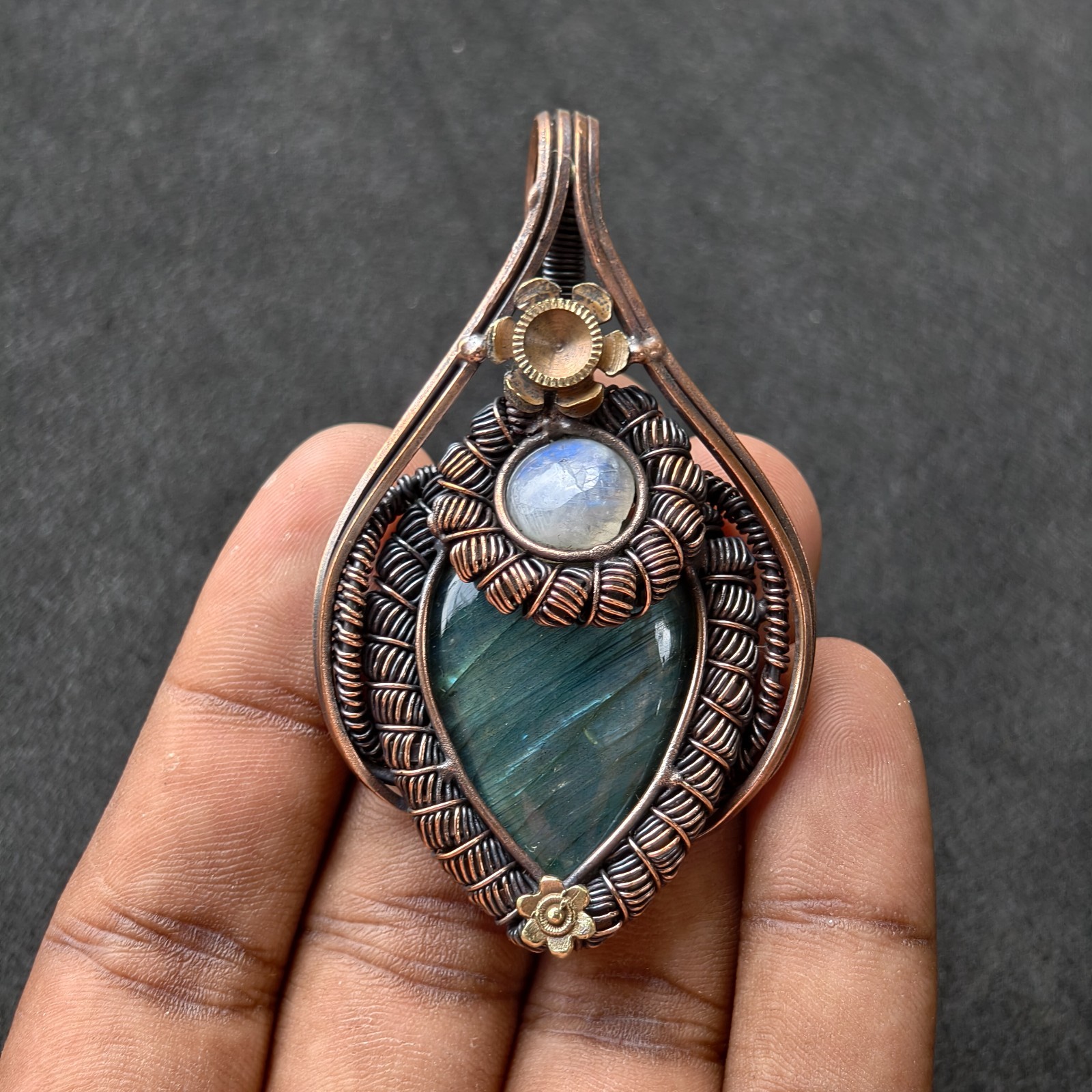 Copper Wire Wrapped Labradorite & Moonstone Pendant Necklace Handmade Boho Jewel