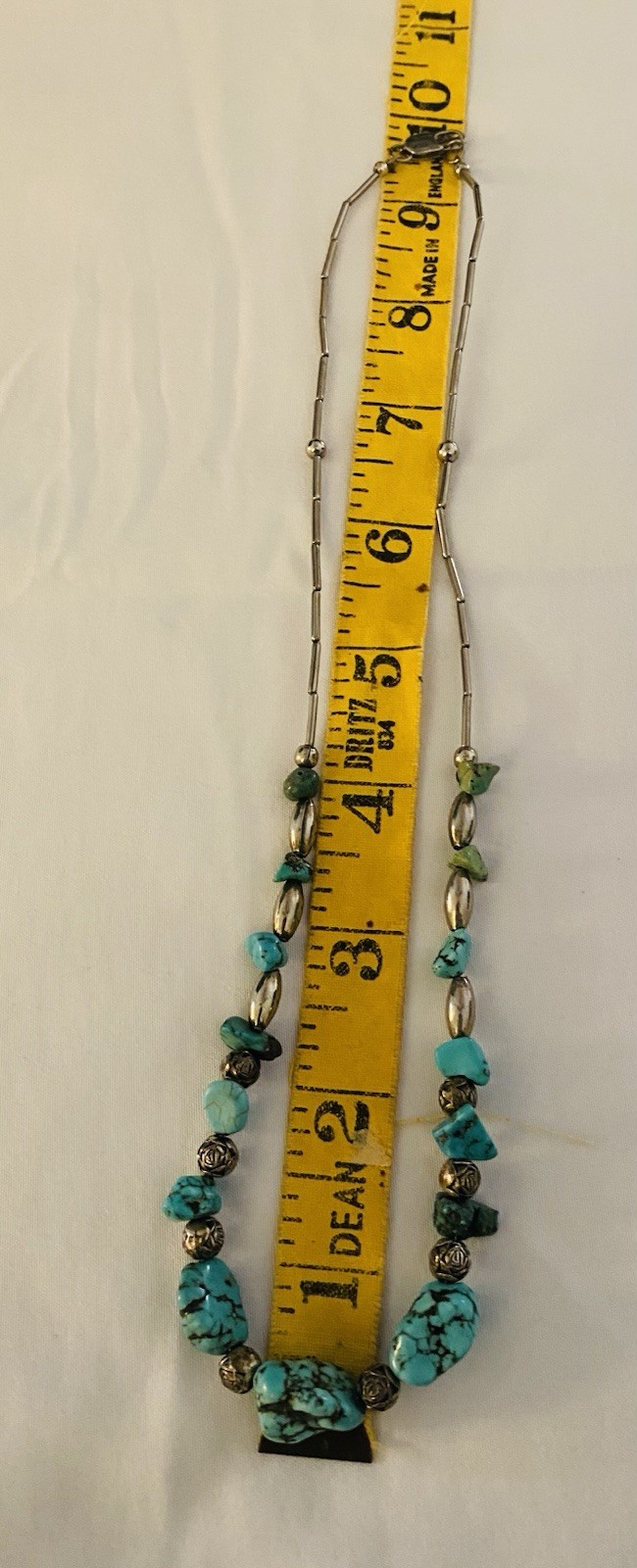 Turquoise Chip Beaded Necklace Silver Tone Bar Link Chain Lobster Clasp