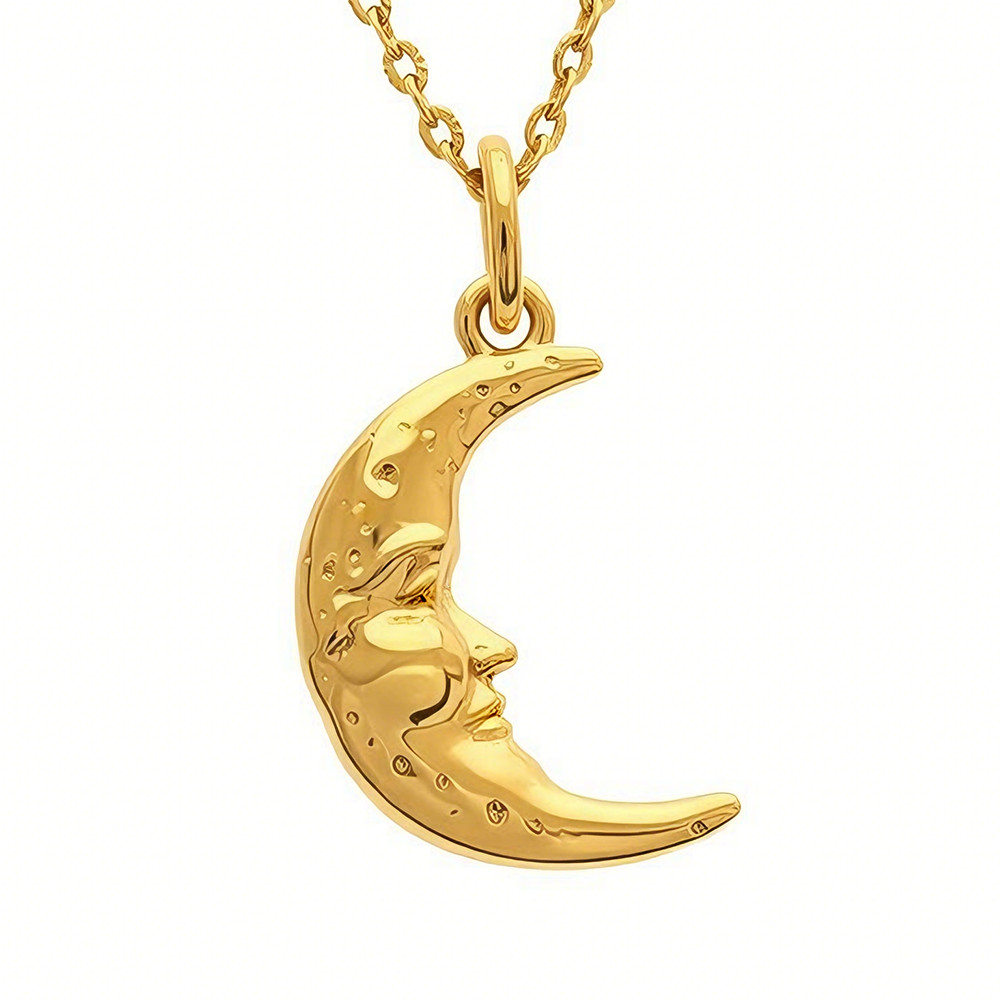 Solid Moon Pendant Necklace 14K Gold 3D Crescent Man Half Moon Charm Astrology