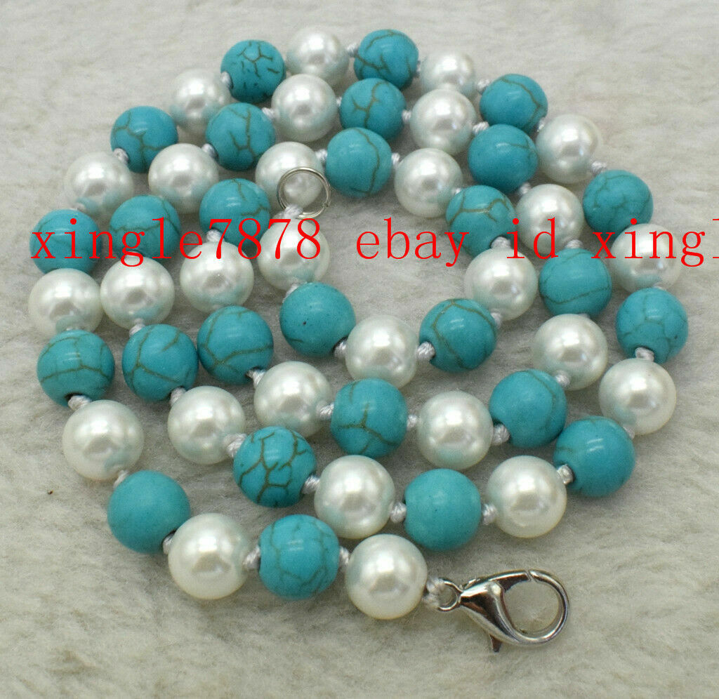 Long 18-36 Inch 8mm South Sea White Shell Pearl Blue Turquoise Necklace