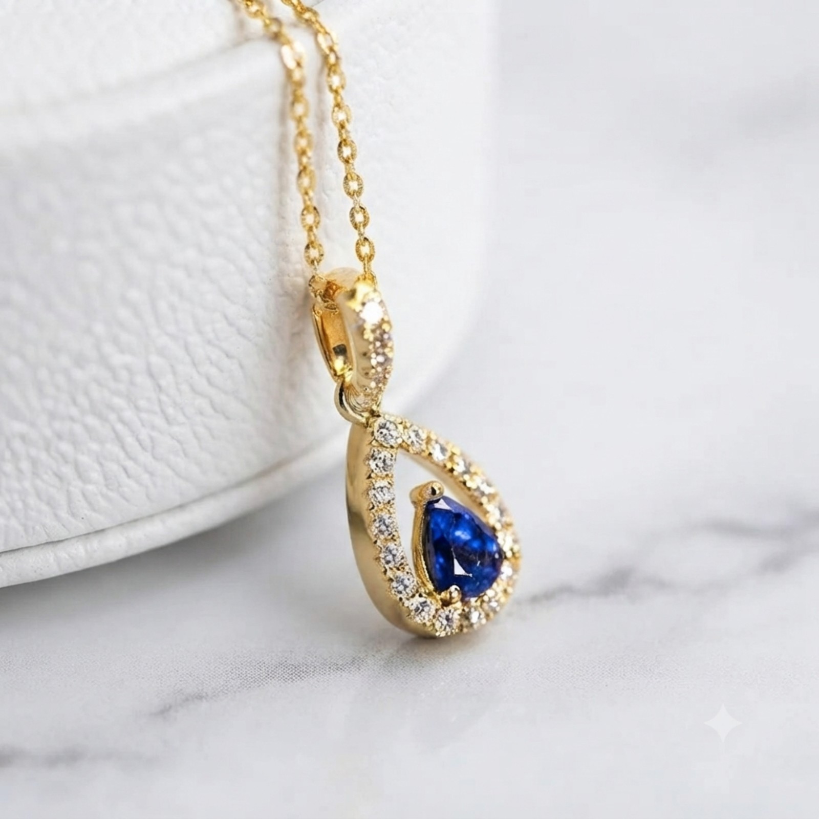 Gold Blue Cubic Zirconia Teardrop Pendant Necklace Women Wedding Jewelry Gift