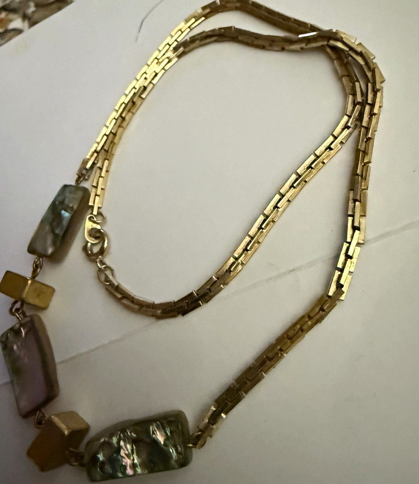 Vintage Gold Tone Box Chain Necklace Abalone Shell Square Charms by Les Bernard
