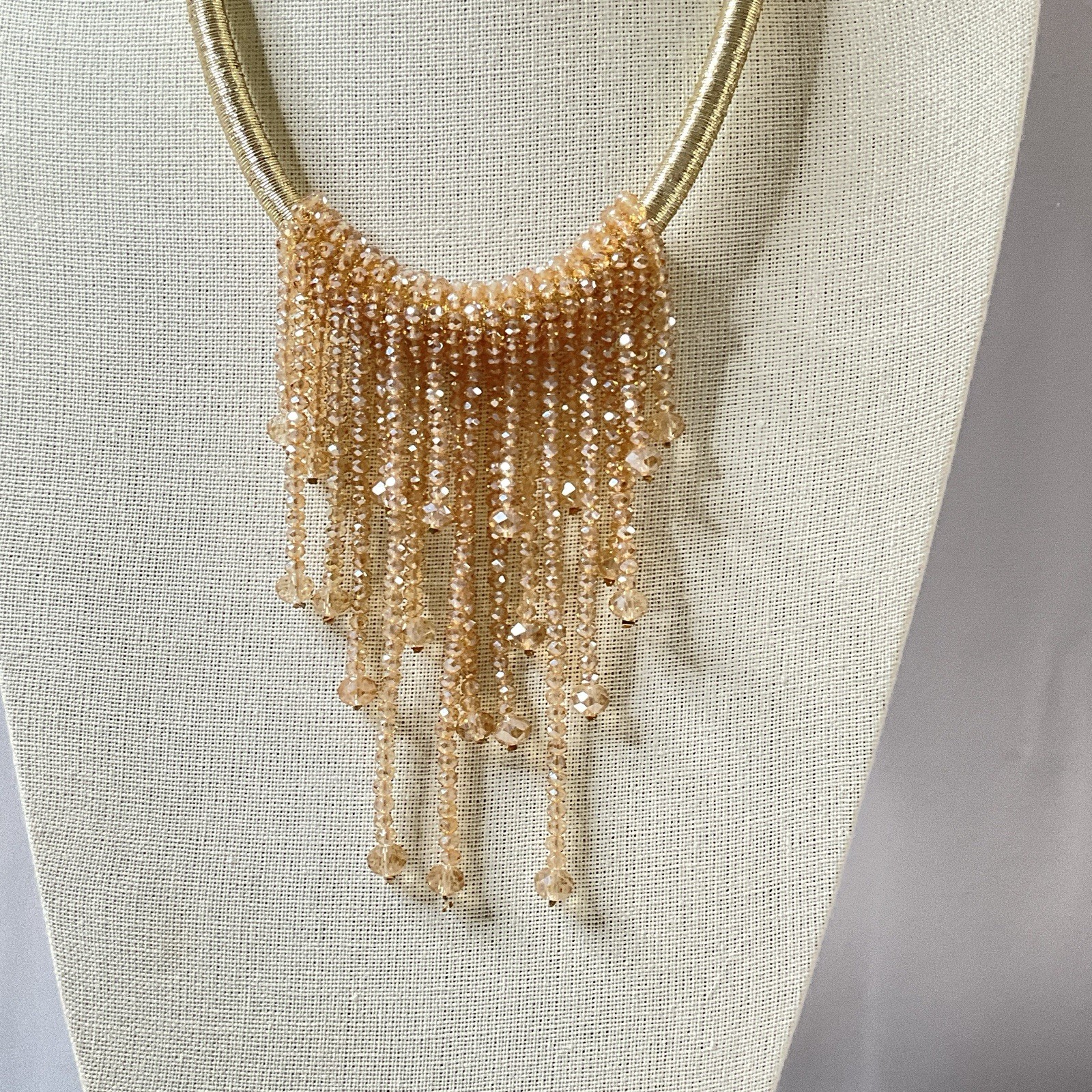 Statement Waterfall Necklace Pink Champagne Glass Bead Fringe 16–18 Inch