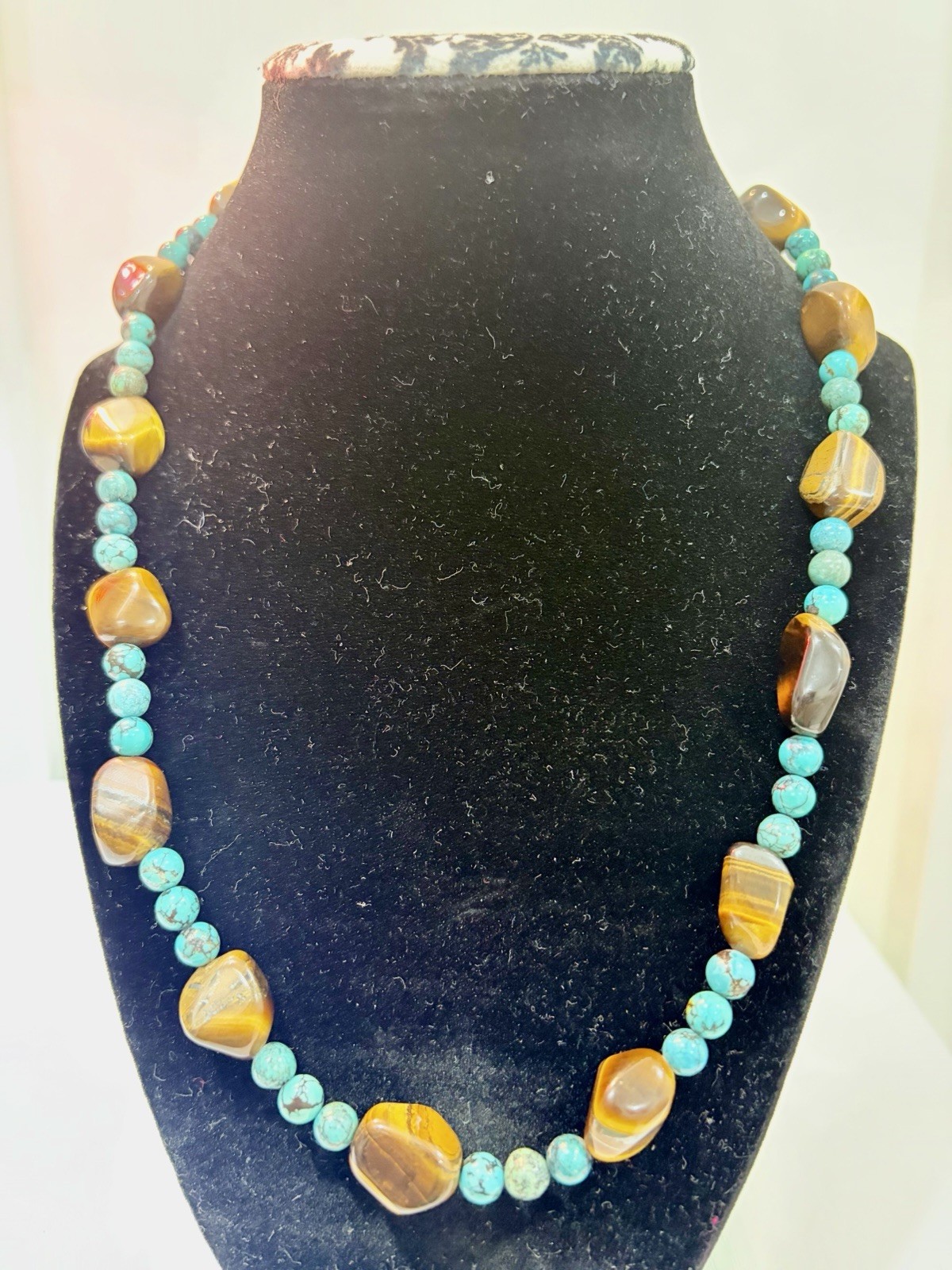 Turquoise & Tiger’s Eye Beaded 21” Necklace Round Blue Stones Toggle Clasp