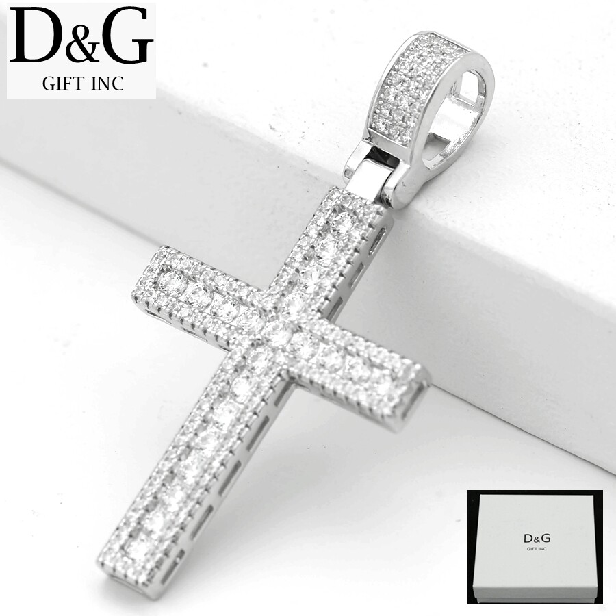 DG Men’s 925 Sterling Silver 47mm Cross Cubic zirconia Medium Charm.Unisex.Box