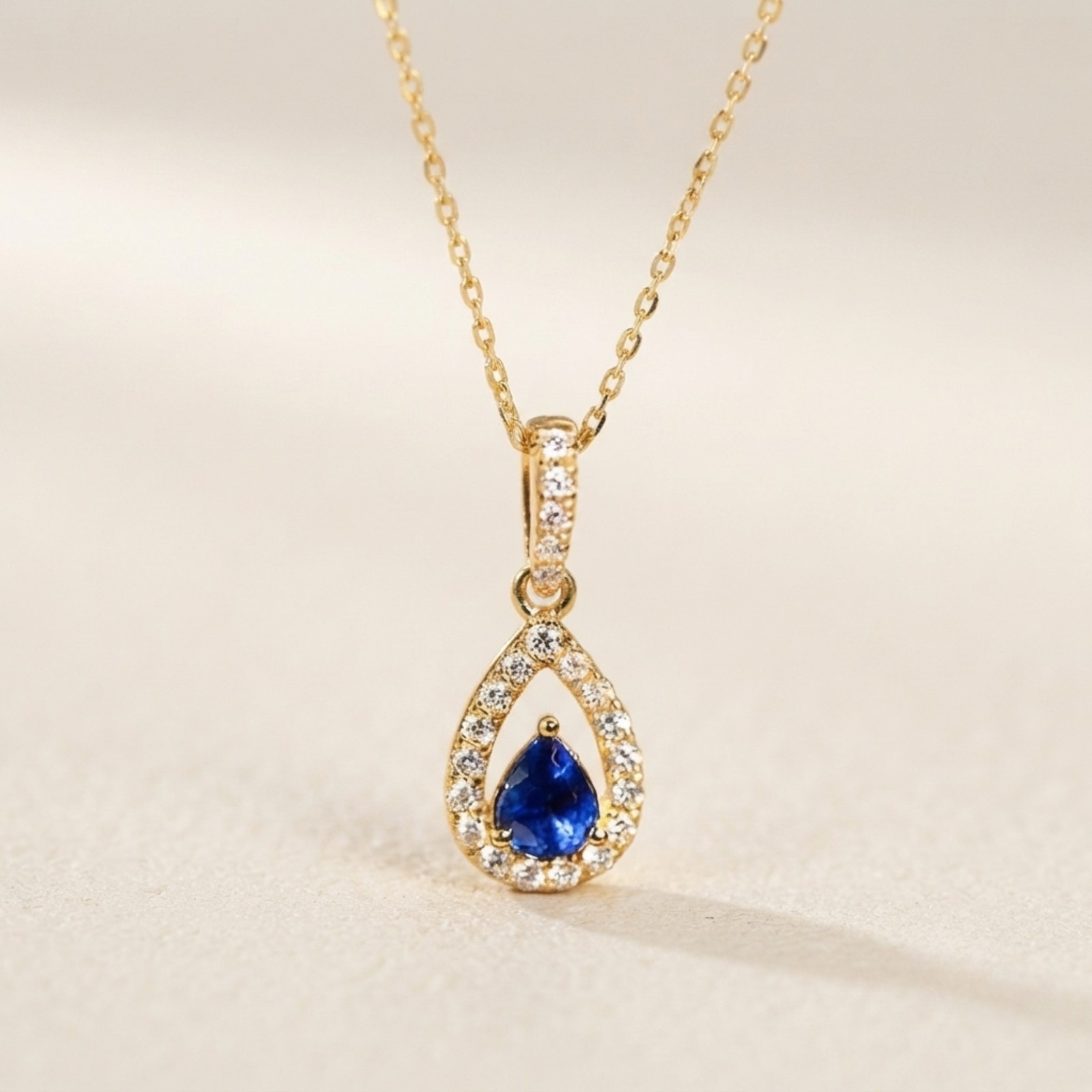 Gold Blue Cubic Zirconia Teardrop Pendant Necklace Women Wedding Jewelry Gift