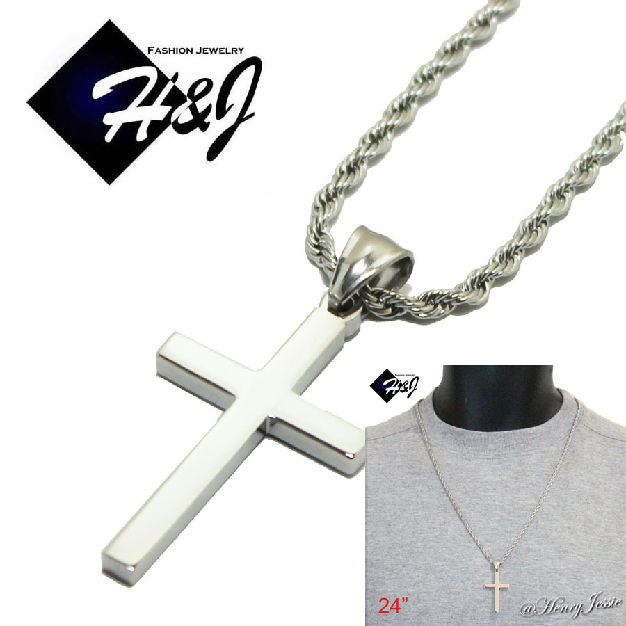 24″MEN Stainless Steel 3.5mm Silver Smooth Rope Chain Necklace Cross Pendant*P