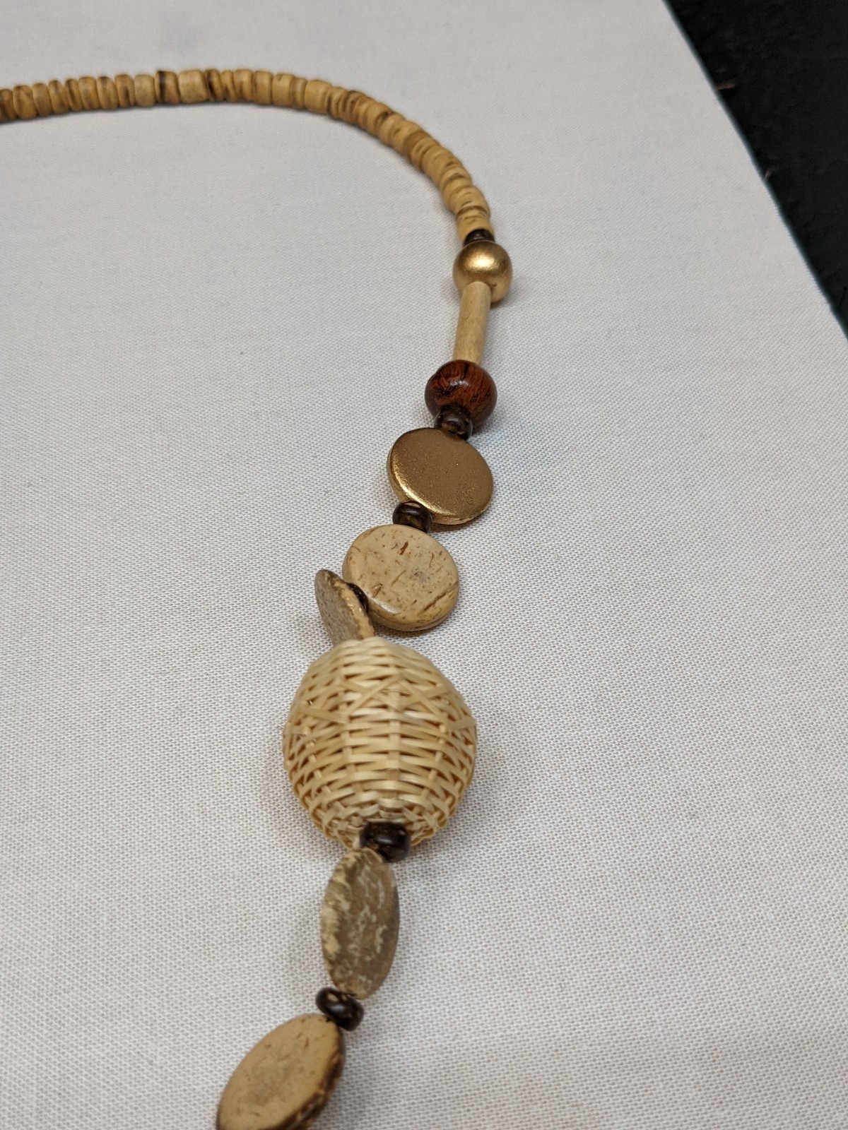 Long Wood & Wicker Bead Necklace Beige Brown Tribal Ethnic Boho Jewelry ~40″