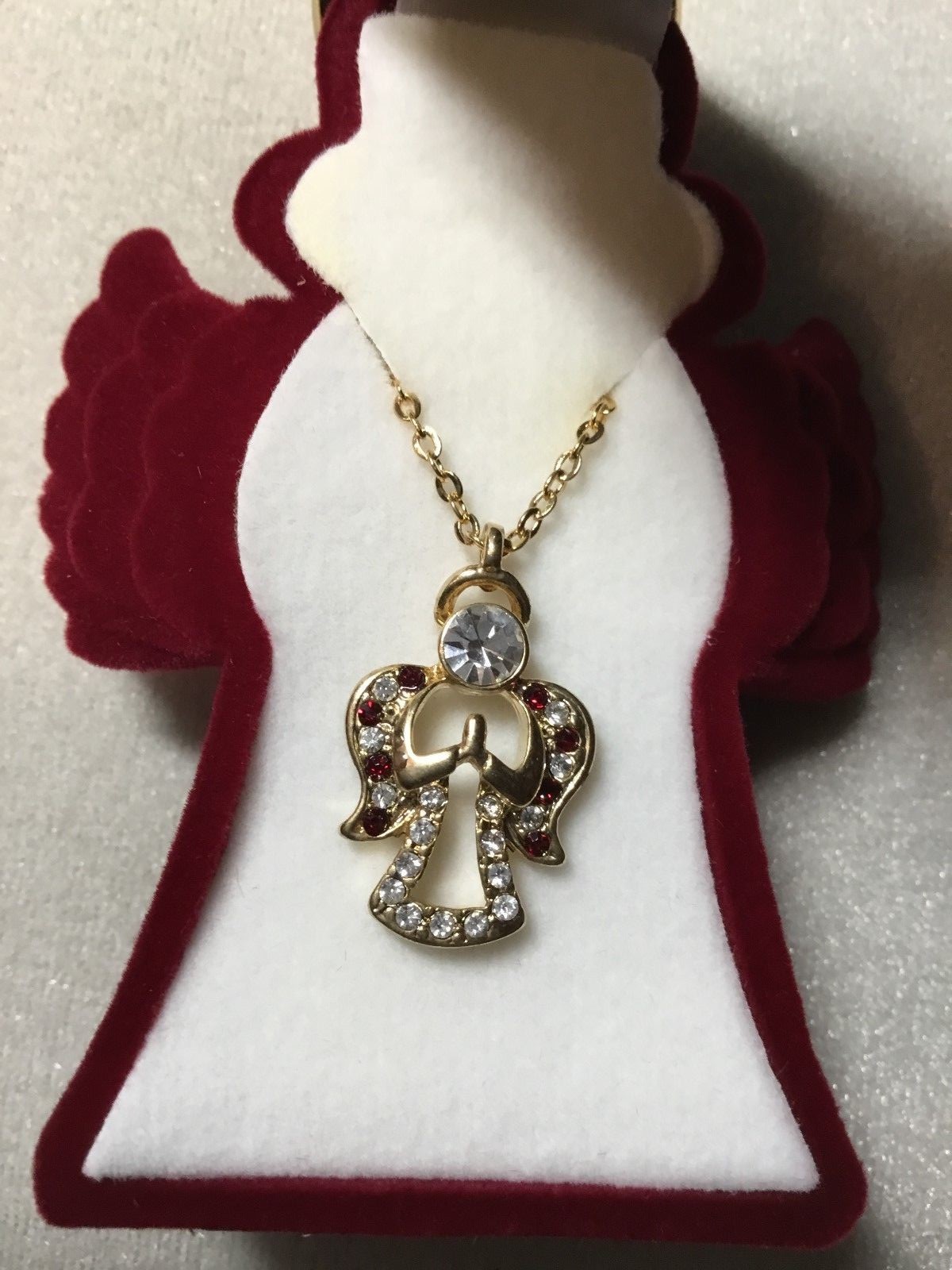 angel necklace dark red velour angel gift box red and clear stones 16in chain