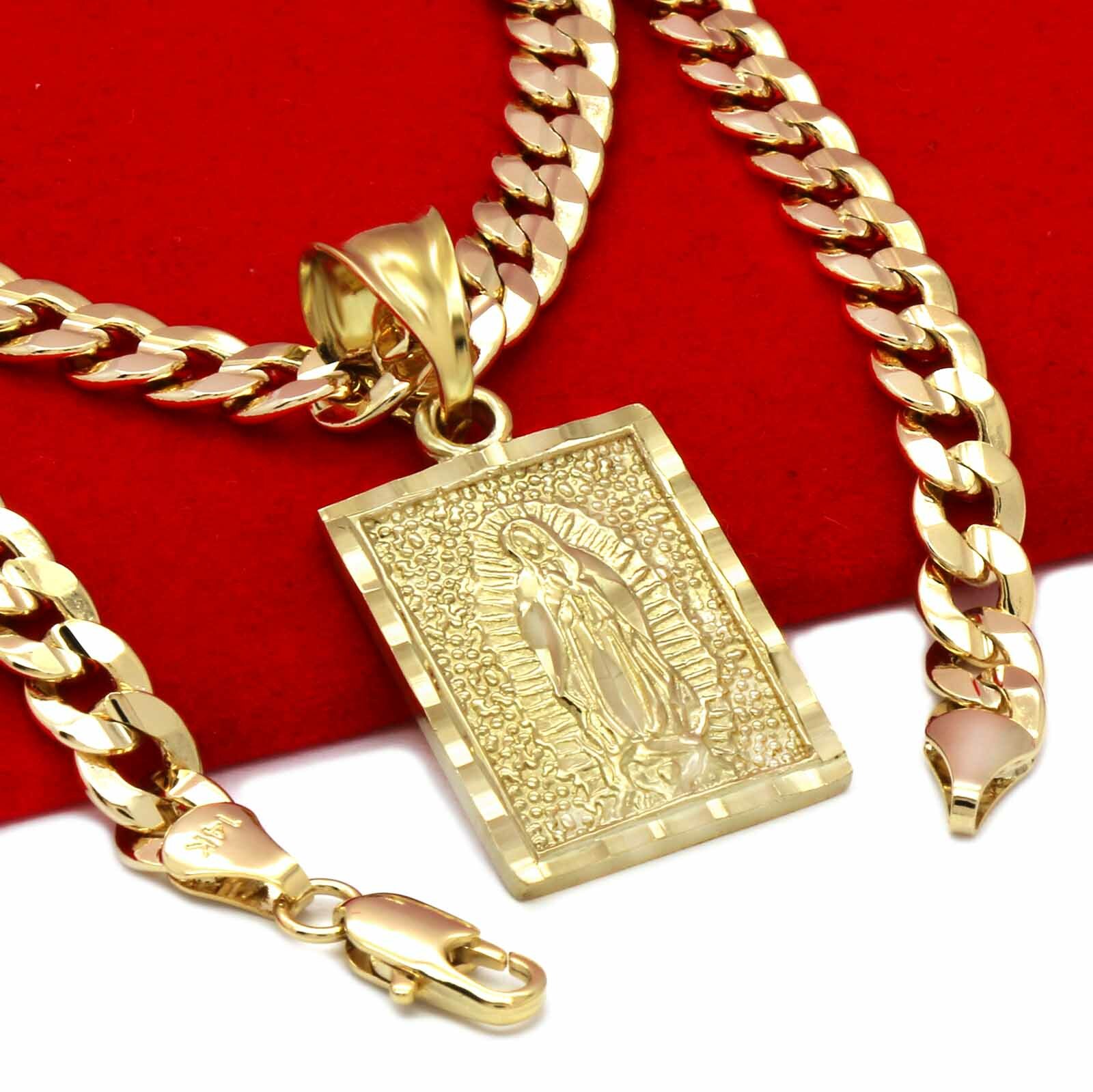Mens 18k Gold Plated Brass Guadalupe Pendant 6mm 30″ Cuban Chain