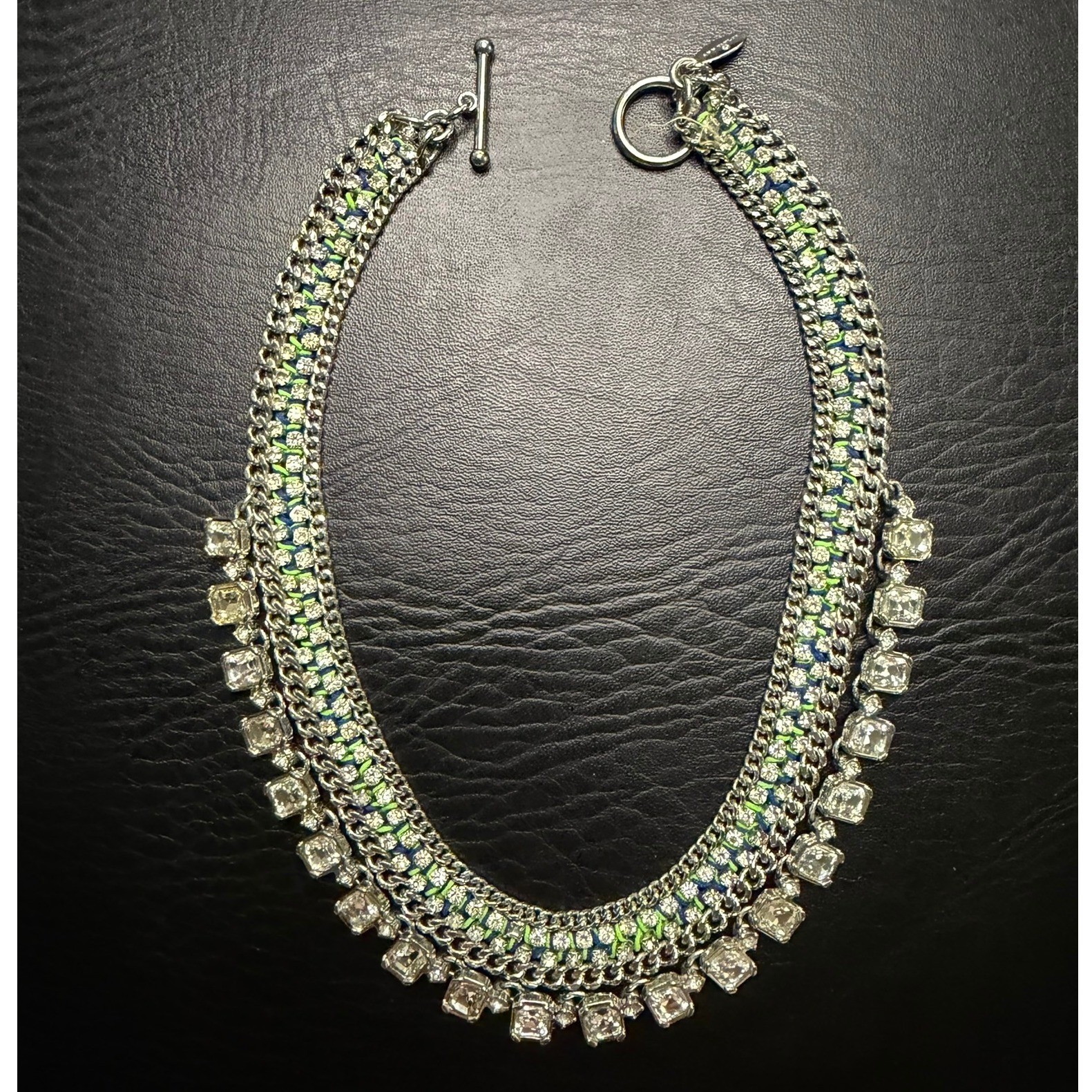 Ann Taylor Silver Tone Crystal Statement Bib Necklace Green Woven Cord Toggle
