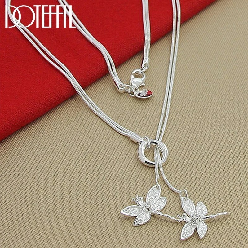 DOTEFFIL 925 Silver Double Dragonfly Necklace Women Wedding Engagement Gift