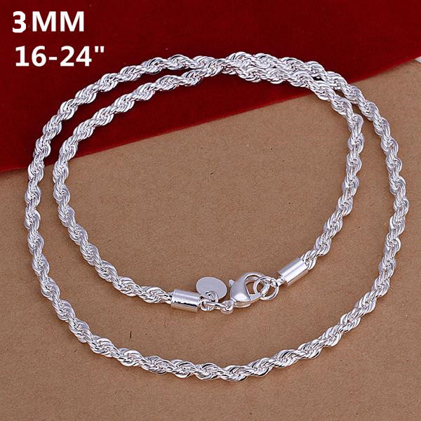 16″ – 24″ Mens Womens 925 Sterling Silver 3mm Twisted Rope Chain Necklace #N151