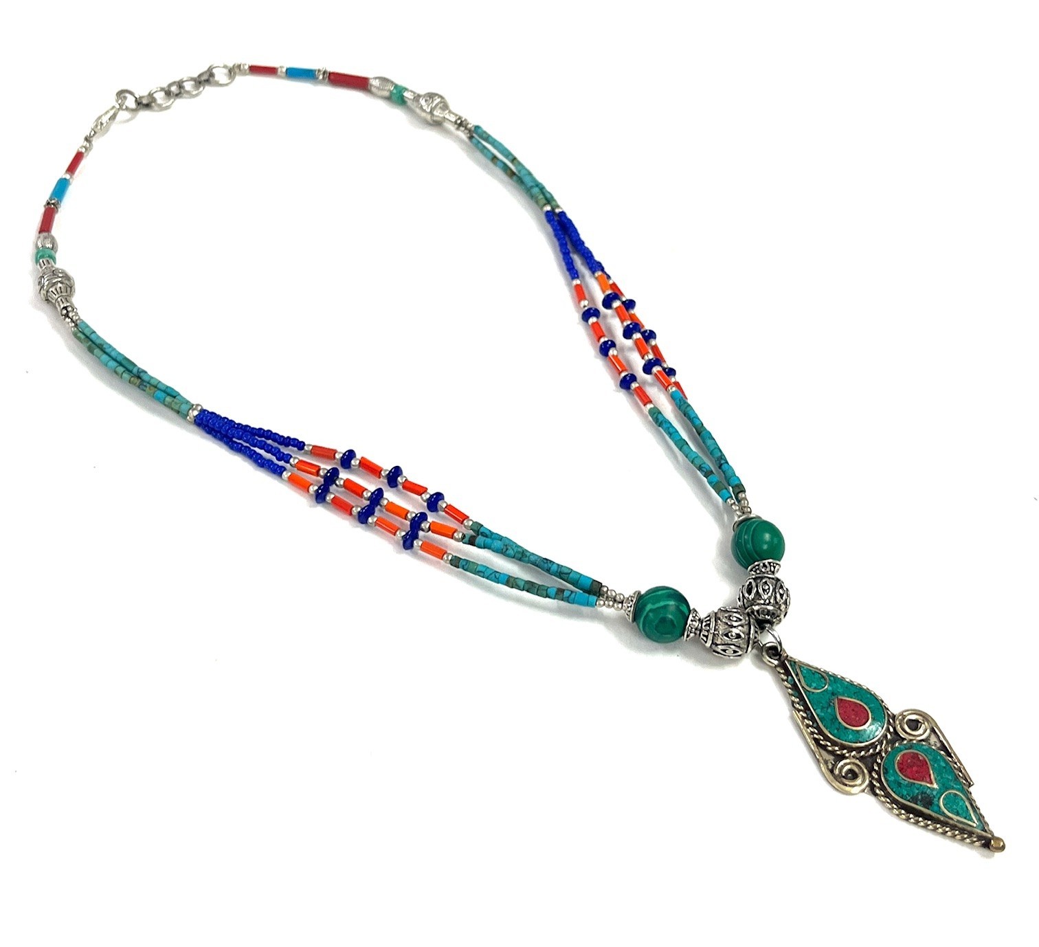 Turquoise Lapis Coral Gemstone Tibetan Statement Necklace Jewelry, 18 Inc Adjs