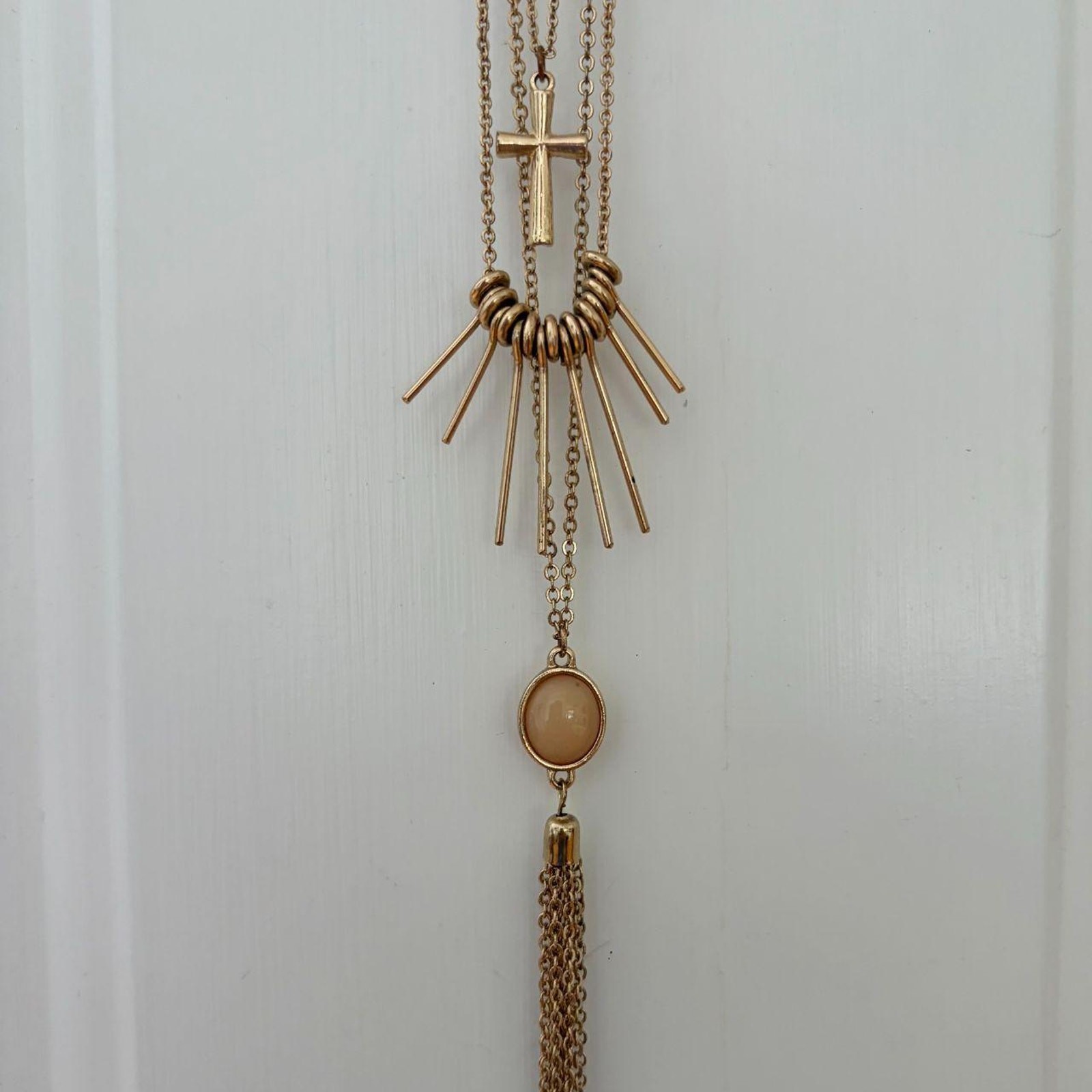 Boho Layered Multi Strand Chain Tassel Necklace Cross Charms Statement