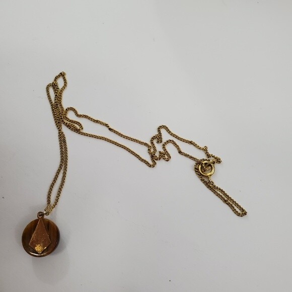 Tigers Eye Pendant 10K Brown Chain Gold Tone Round Dainty NS Nickel Silver