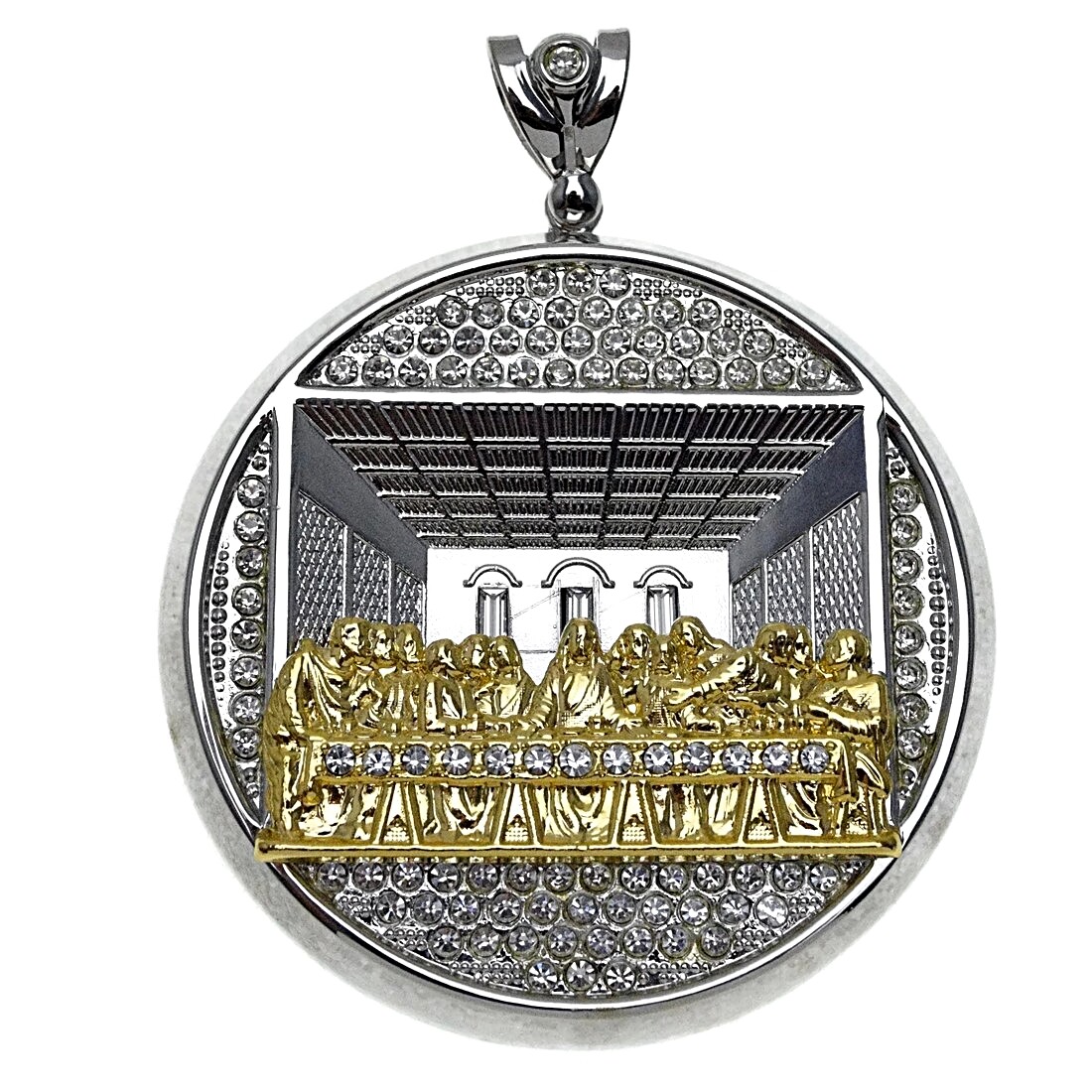 Huge Last Supper Pendant Round 2-Tone Simulated CZ Silver/ Gold Plated Medallion