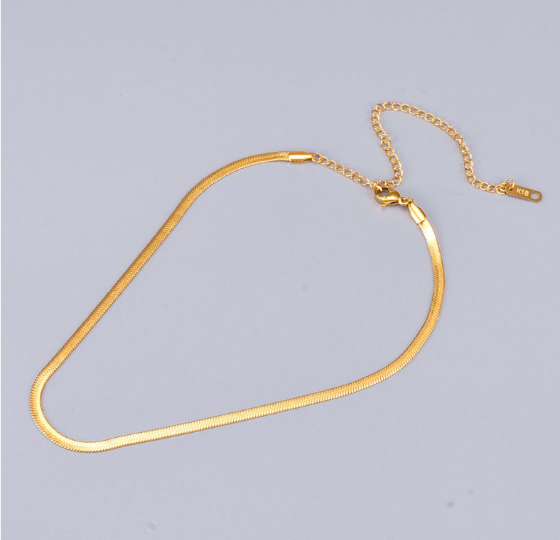 Women 18K Gold Titanium Stainless Steel Flat Chain Choker Necklace 16-18″ PE44
