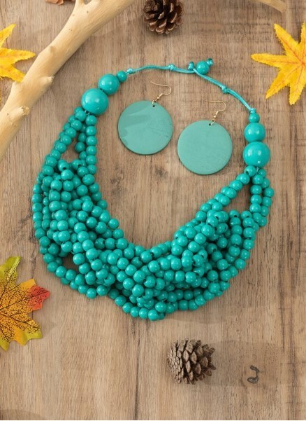 Chunky Turquoise Wood Bead Necklace Round Blue Wood Multi Layered Earrings Set