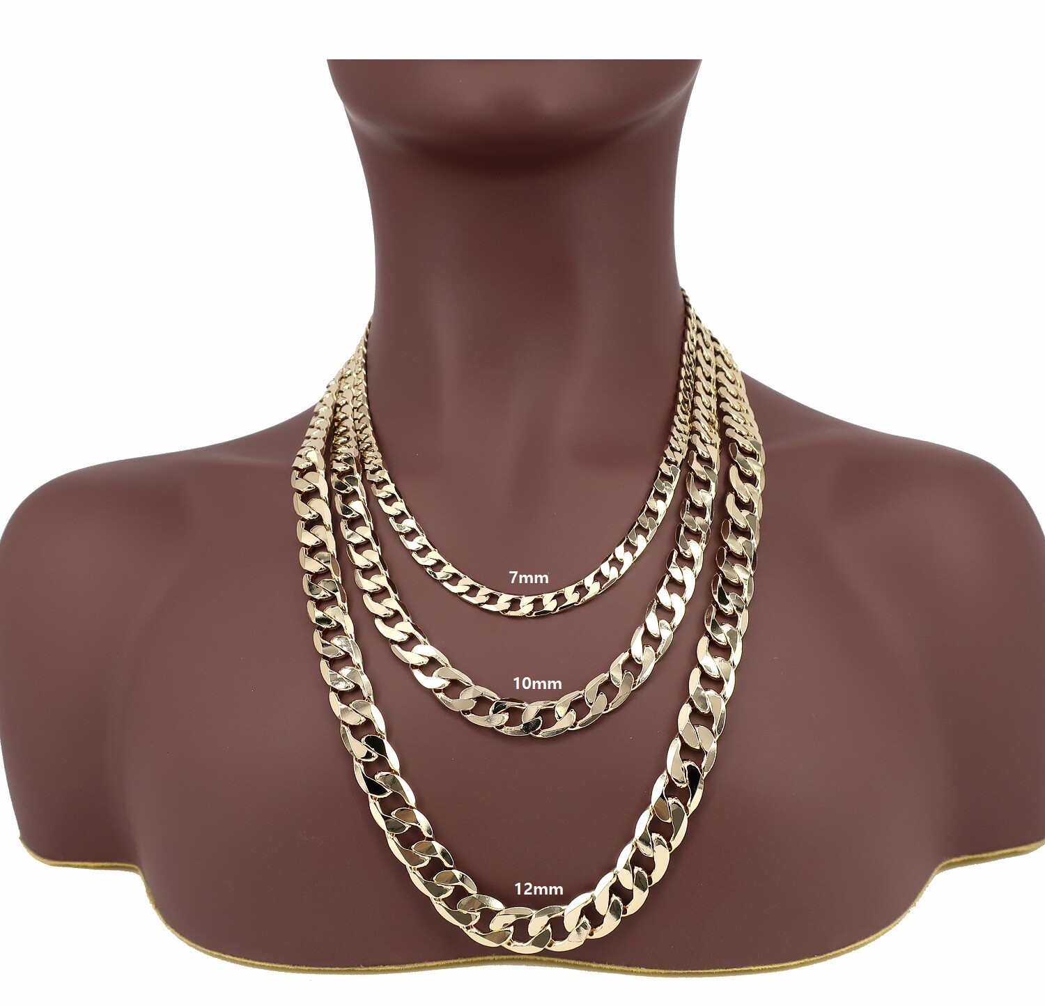 Men’s Yellow Cuban link Chain Necklace Bracelet 7mm, 10mm, 12mm 14K Gold Plated