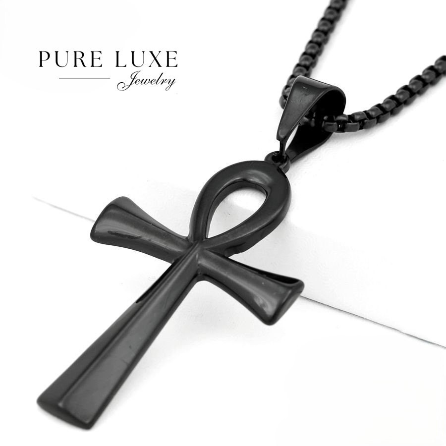 Men’s 24″ Box Chain Ankh CROSS 78mm Black Stainless Steel,Ion Plated Box