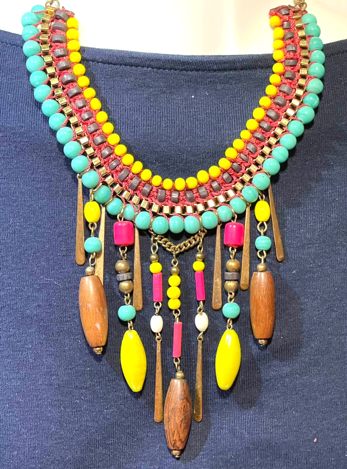 Boho Ethnic Statement Dangle Necklace Fringe Artsy Beachy Bright Multicolor VTG