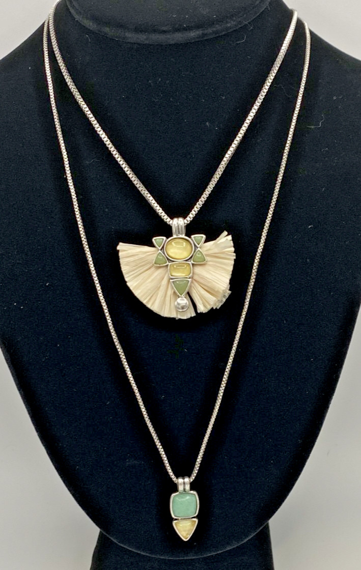 Lucky Brand Silver Tone Layers Stone and Fringe Raffia Layer Necklace 30″ NOS