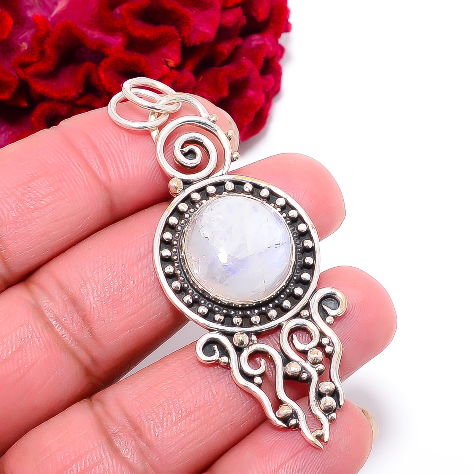 Rainbow Moonstone – India Designer Handmade 925 Sterling Silver Pendant 2.34″ P4
