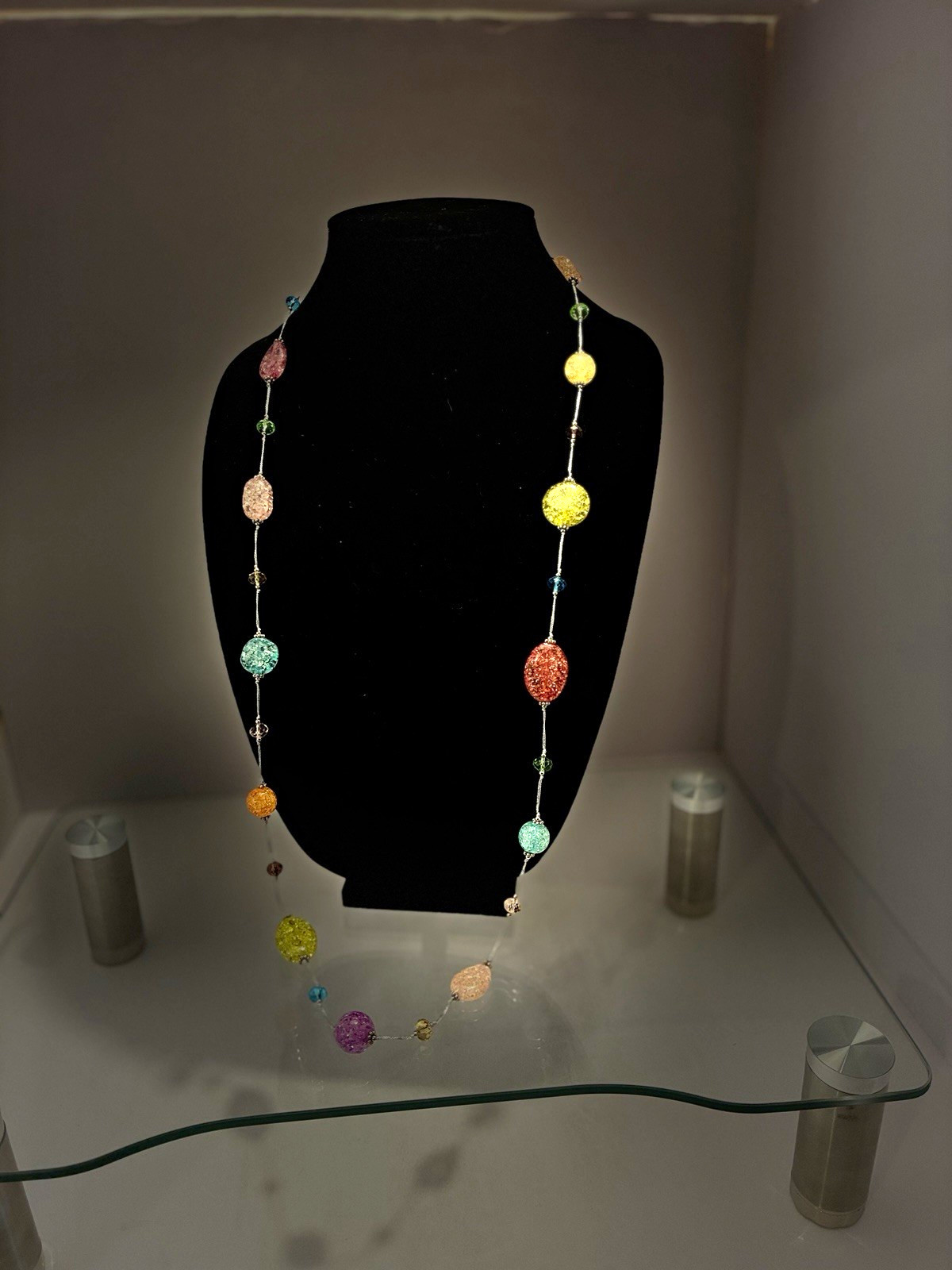 Premier Designs Multicolor Crackle Bead Necklace Rainbow Station Long 38”