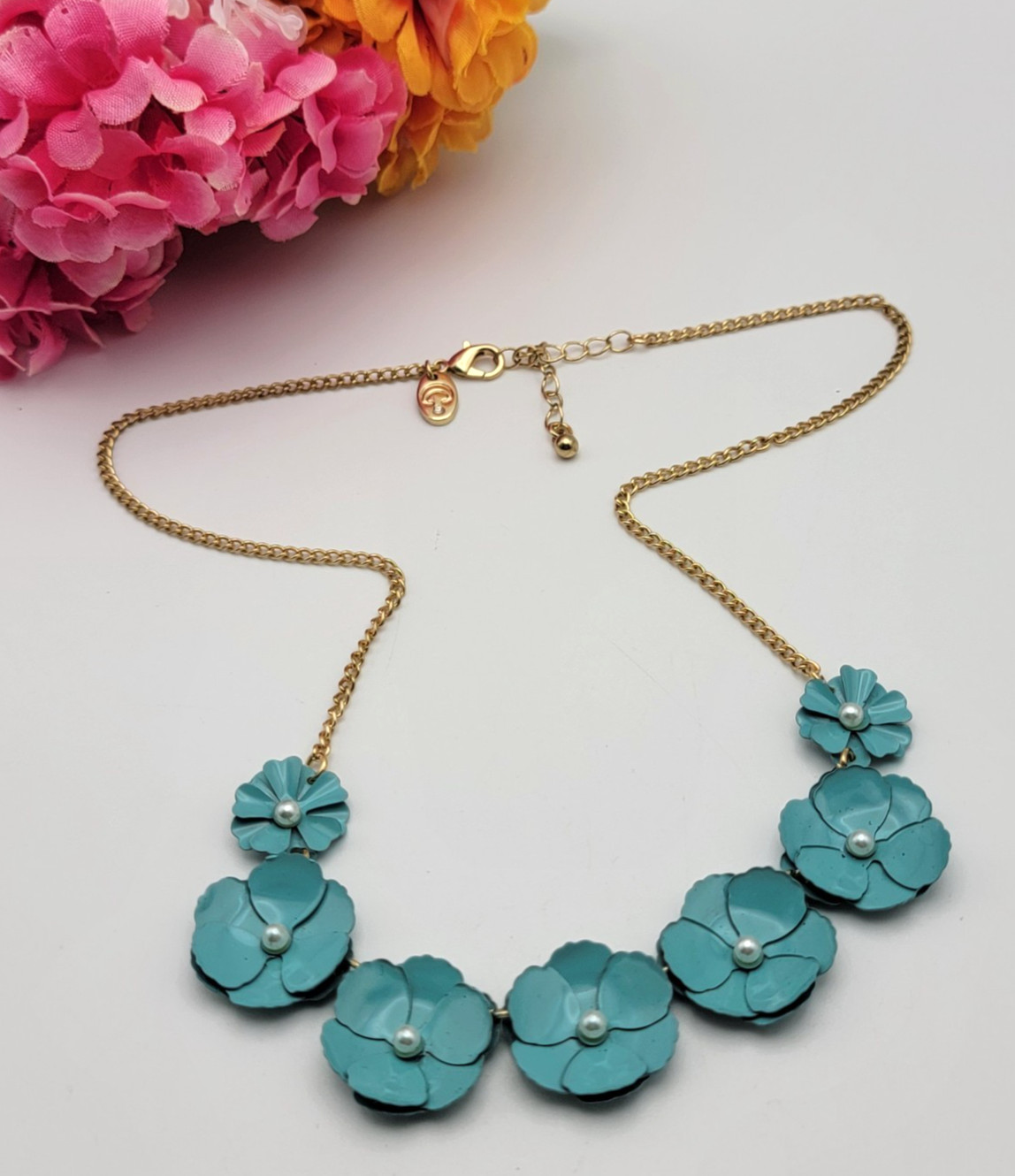 Charming Charlie Blue Flower Bib Necklace Gold Tone White Faux Pearl 20″ Adj.