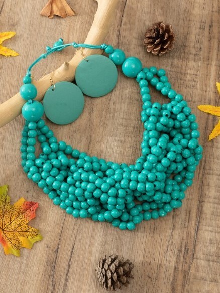 Chunky Turquoise Wood Bead Necklace Round Blue Wood Multi Layered Earrings Set