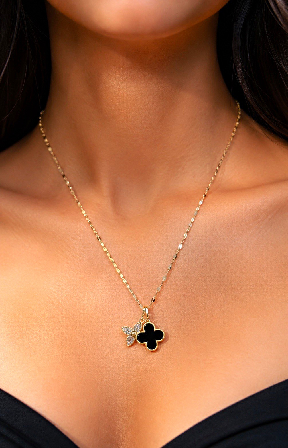 Gold Tone Yellow Gold Cable Chain Necklace w/ Black Clover Charm & Flower Charm