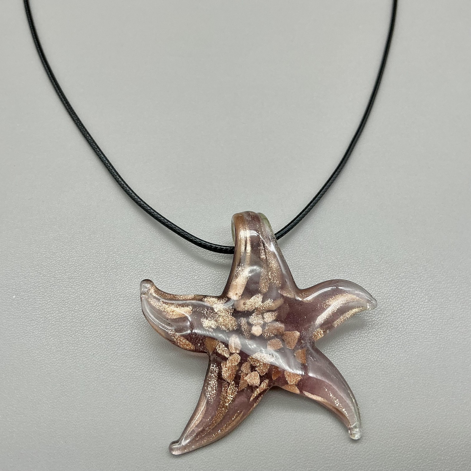 Necklace Starfish Pendant Brown Glass Black Cord Sea Life Beach Jewelry Womens