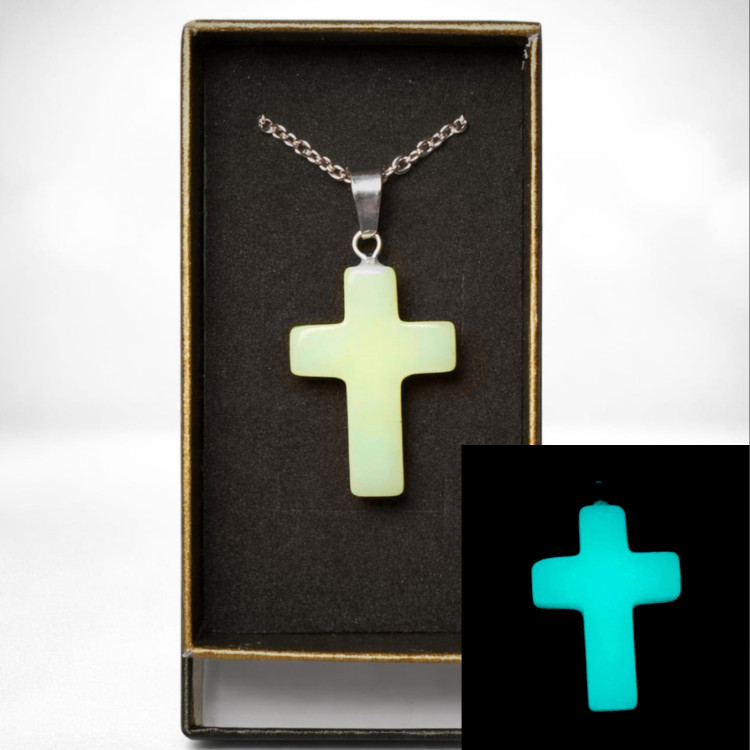 Cross Stone Pendant Necklace Luminous Glow In The Dark Jewelry Gift 17” Chain