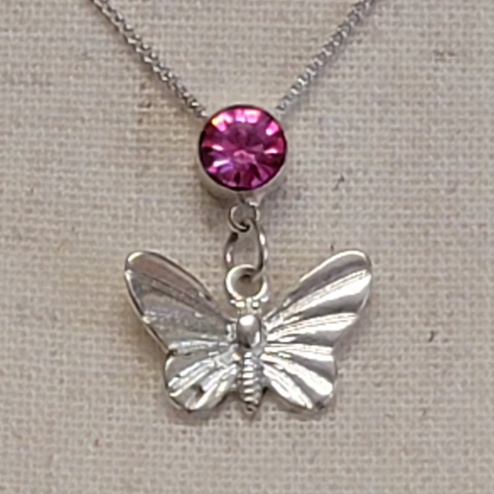 Adult Jewels Butterfly Necklace 18″ Pink Faux Gemstone Silver Tone Pendant Gift