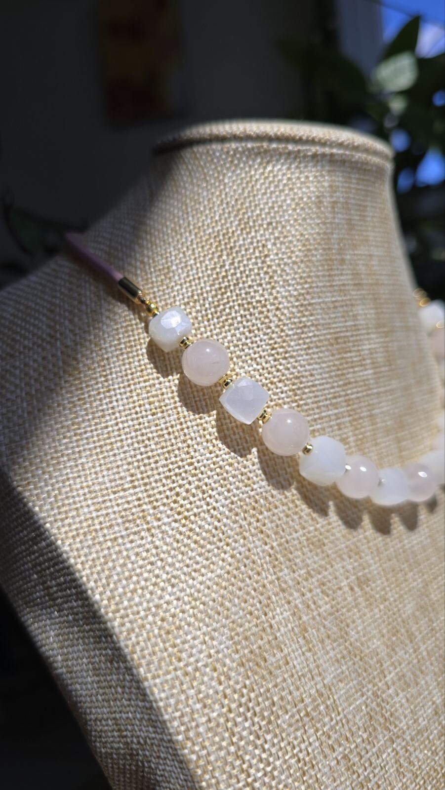 Necklace With Natural Pink Quartz And Moonstones Beads. Natural Leather Cord