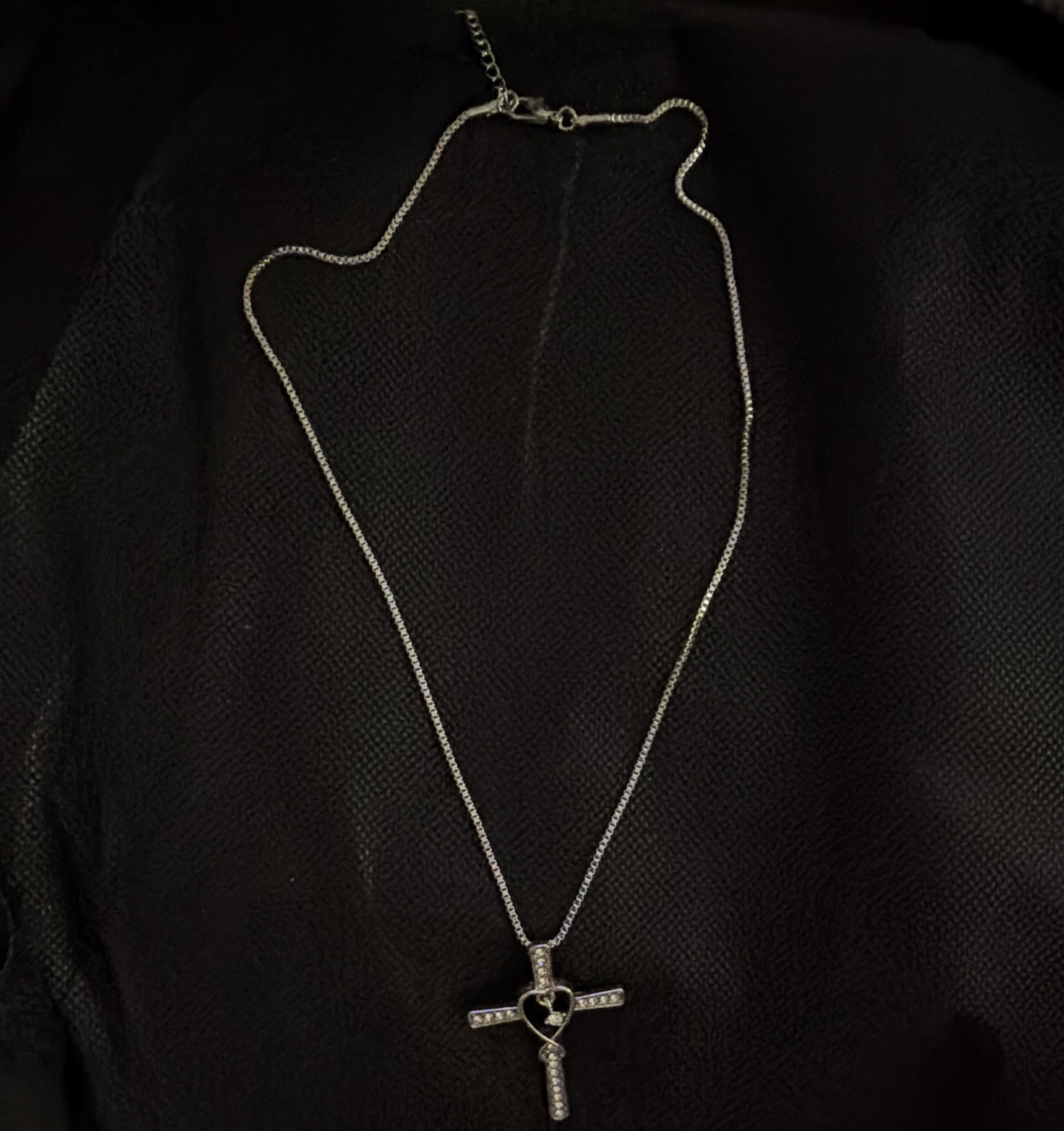 Silver Tone Cross Heart Rhinestone Pendant Necklace, Box Chain, Lobster Clasp