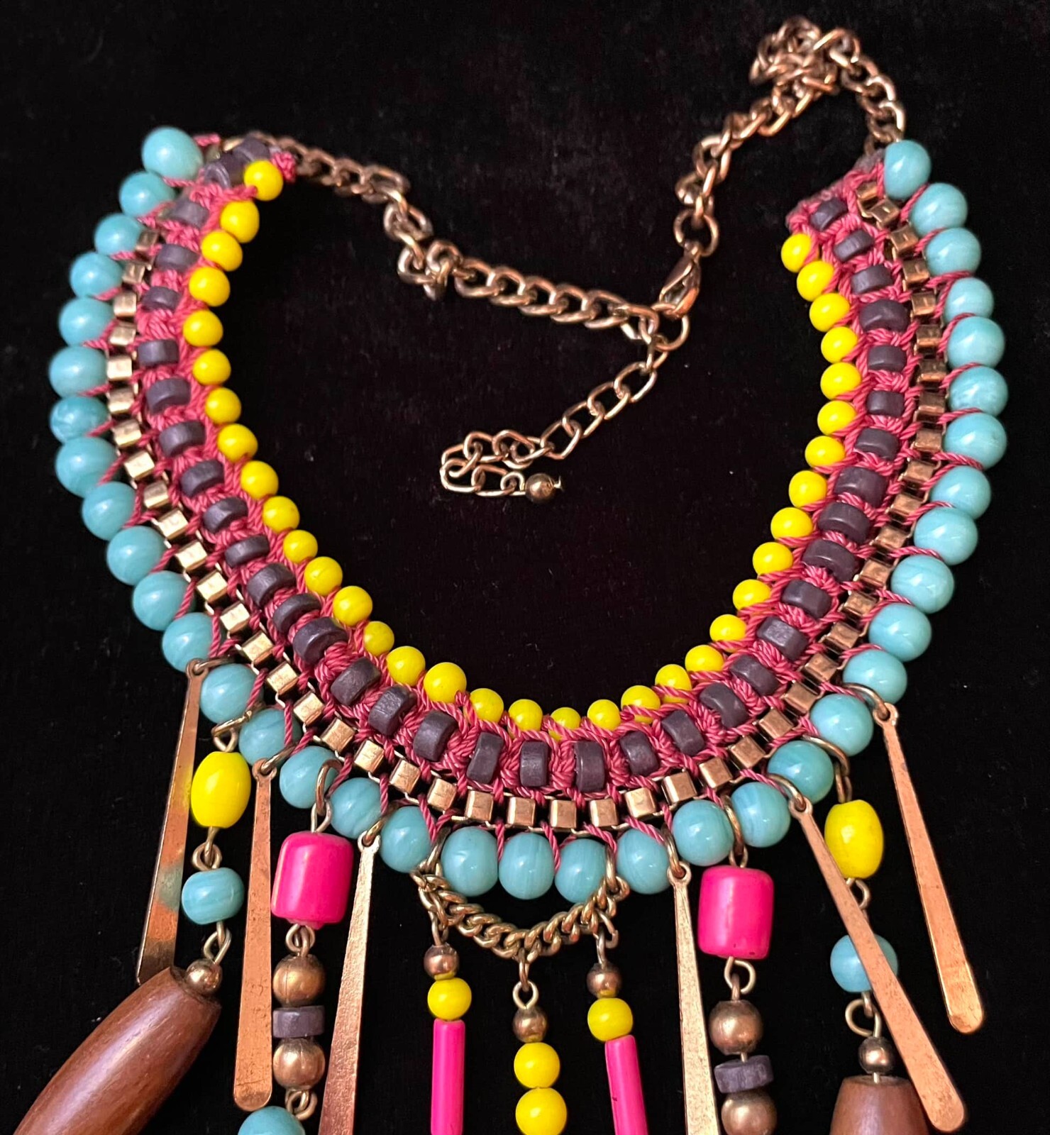 Boho Ethnic Statement Dangle Necklace Fringe Artsy Beachy Bright Multicolor VTG