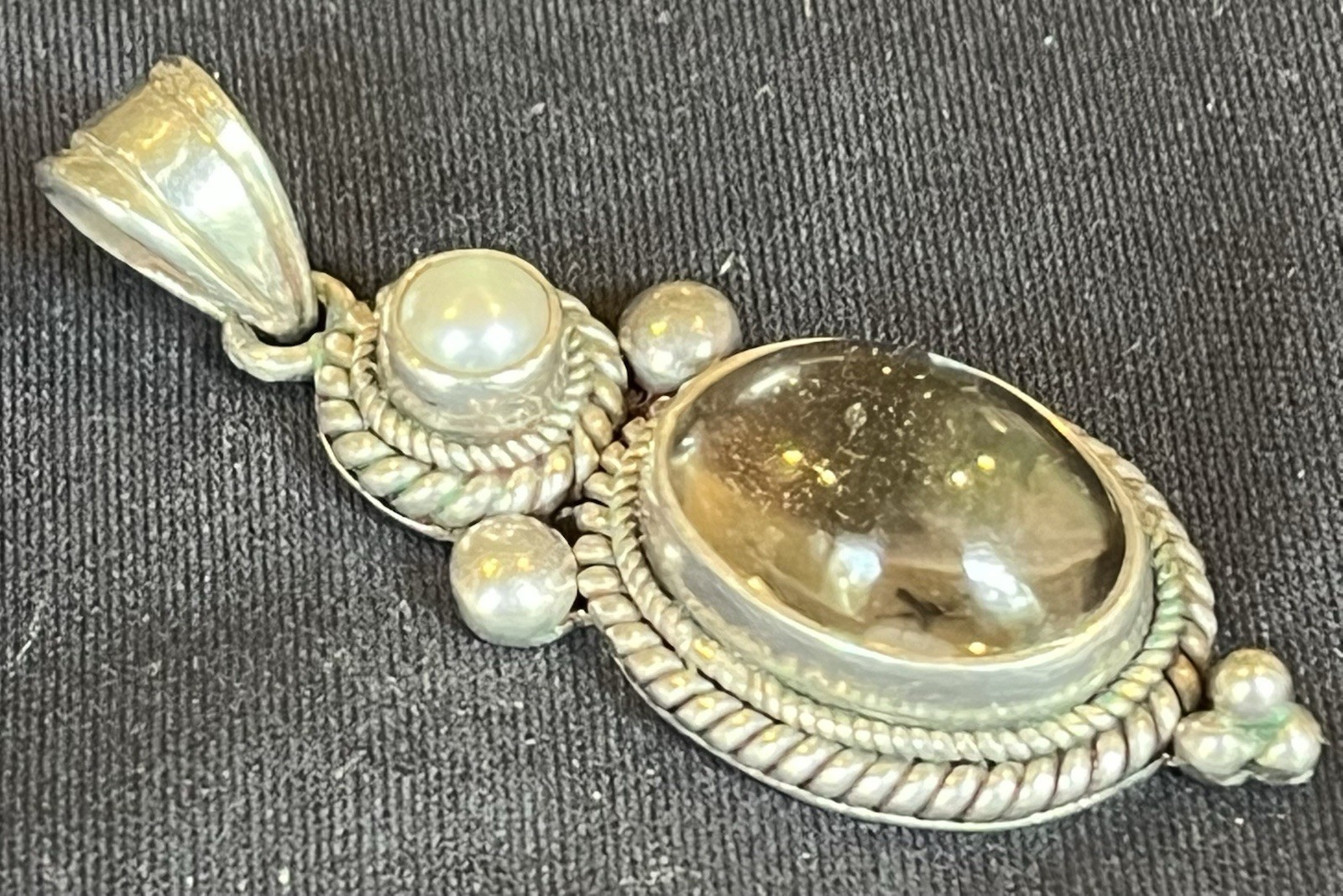 Silver pendant smoky quartz oval cabochon bezel set charm pearl accents
