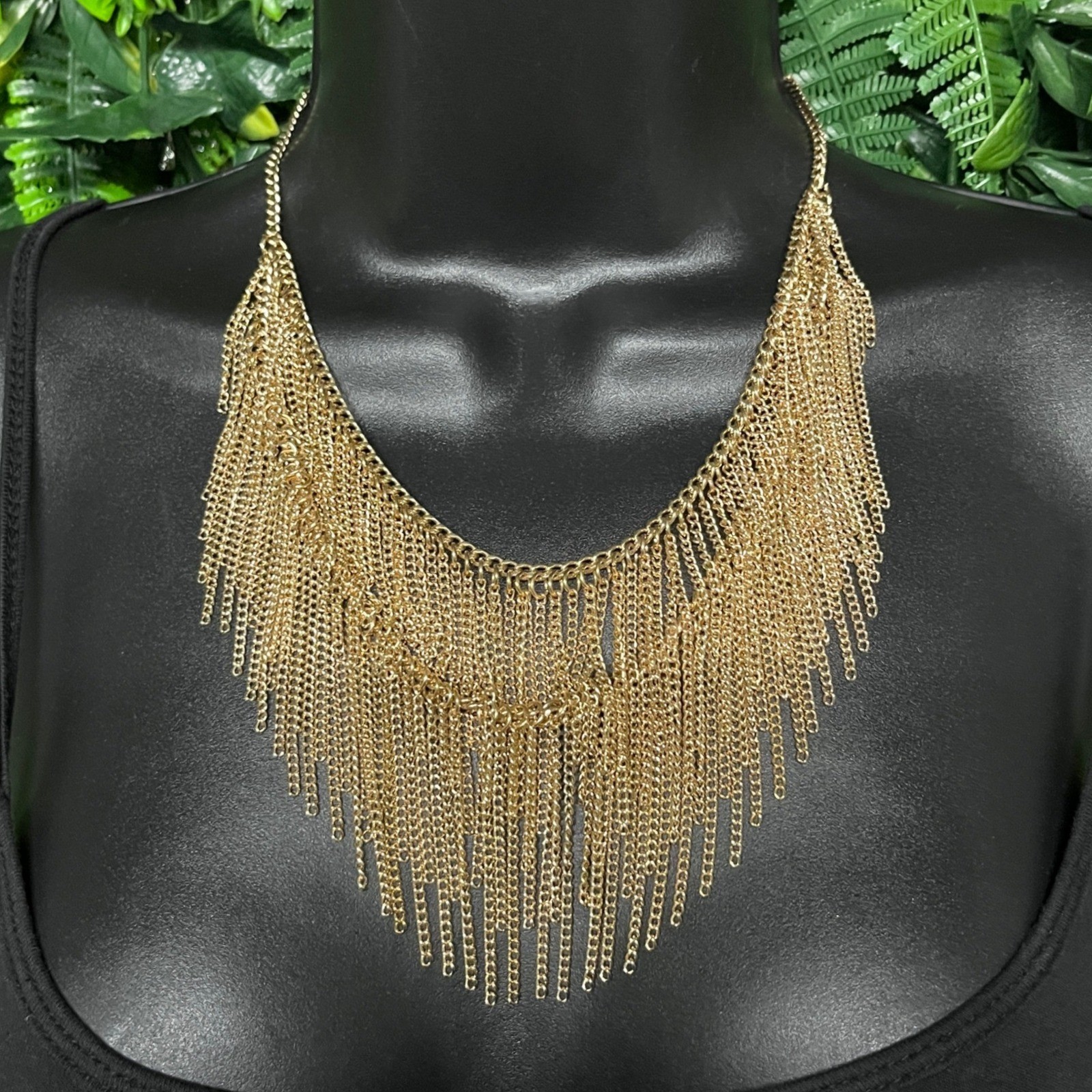 Fringe Bib Necklace Gold Toned Multi Strand Draped Chain Adjustable 3980