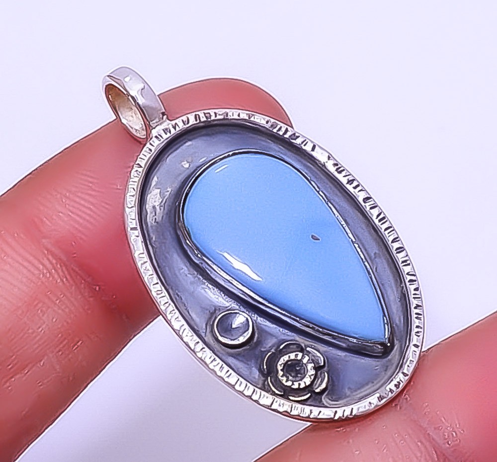 Blue Opal – Owyhee Gemstone 925 Sterling Silver Solitaire Pendant 1.56″ A370