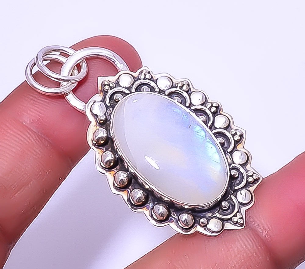 Rainbow Moonstone Gemstone 925 Sterling Silver Designer Pendant 1.95″ A393