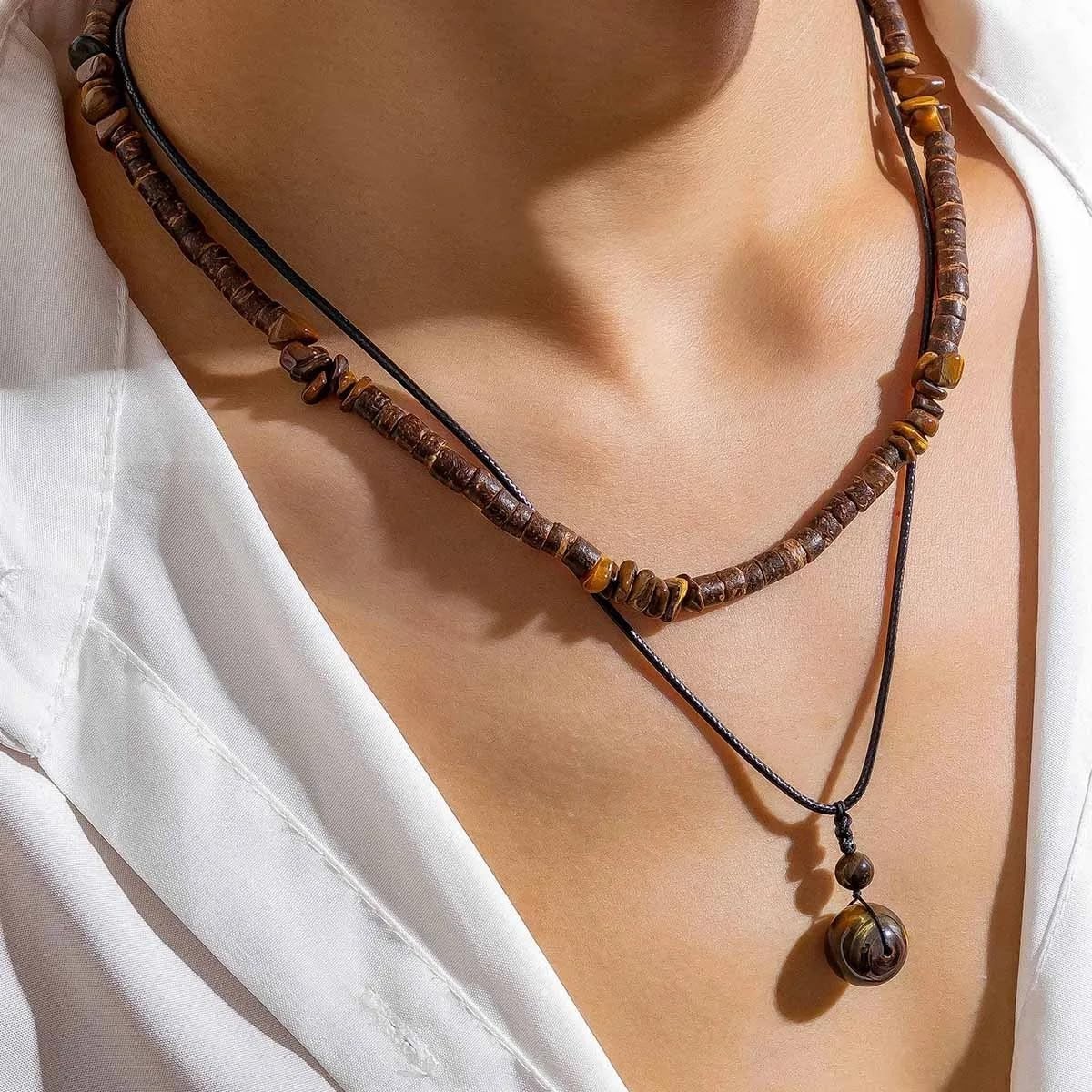 Adjustable Layered Necklace with Tiger’s Eye & Coconut – Perfect Summer Gift